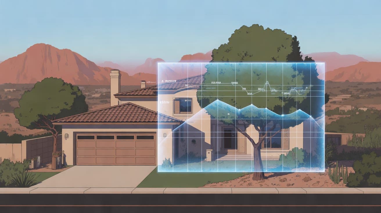 An illustration of a modern suburban home in an Arizona landscape, with a transparent, glowing blue data grid overlaid