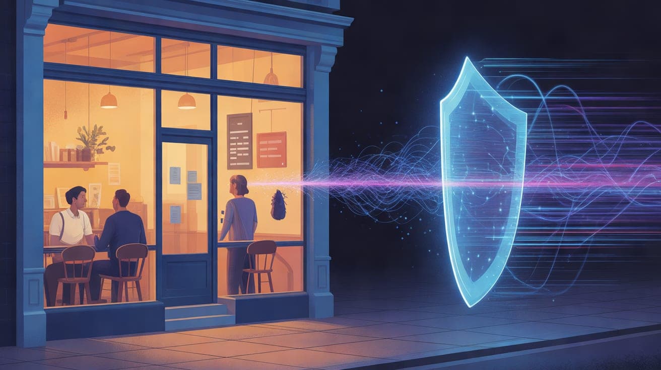 View from a street at dusk looking into a warm, inviting small business like a local cafe. In the darker foreground, an abstract, glowing digital threat made of cool blue and purple data streams probe