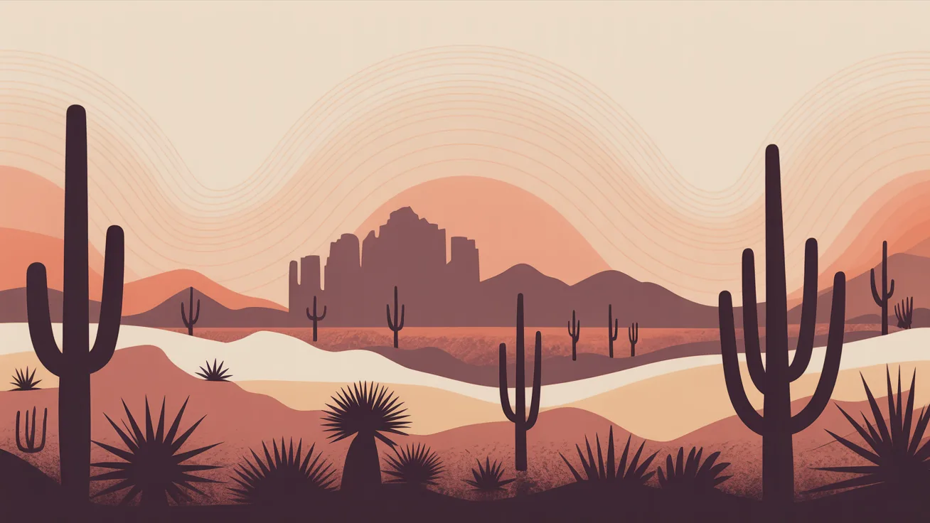 Layered illustration of the Sonoran desert horizon, saguaro silhouettes receding toward the Superstition ridgeline
